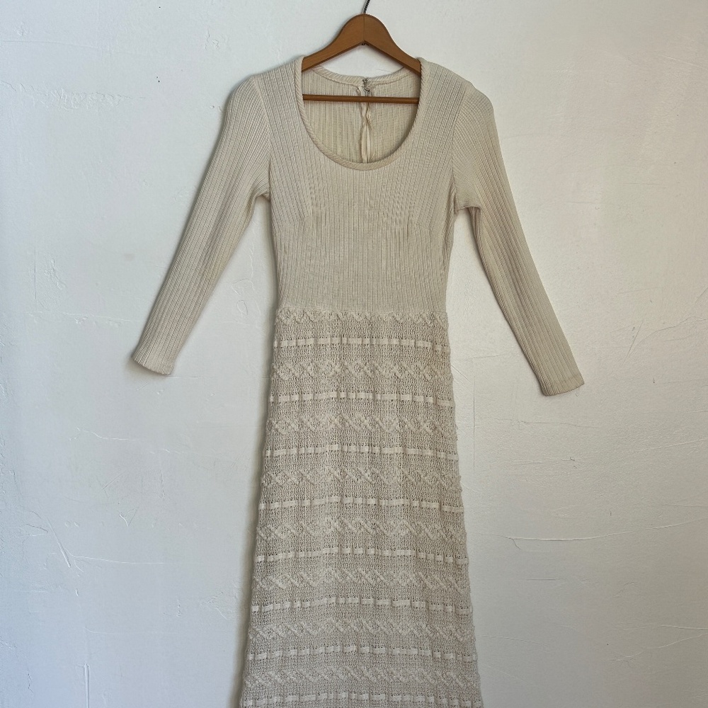 Vintage 1970s Maxi Dress Bohemian Cream Wedding Knit Small Medium